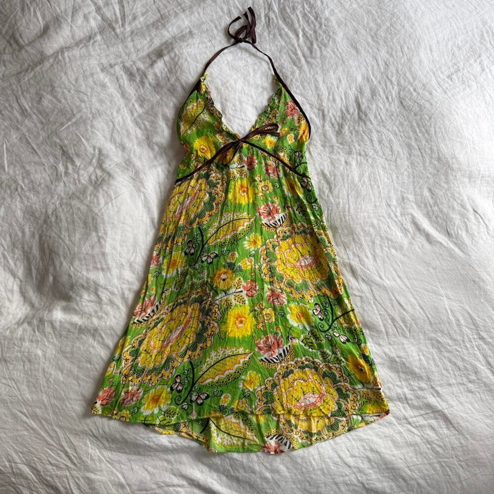 Adorable y2k green and yellow floral mini halter dress